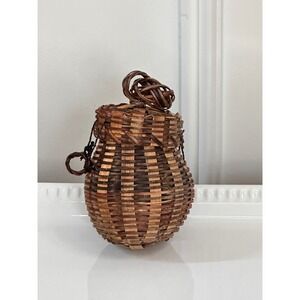 Vintage Miniature Woven Wicker Basket with Lid Brown Two Tone Decorative Trinket
